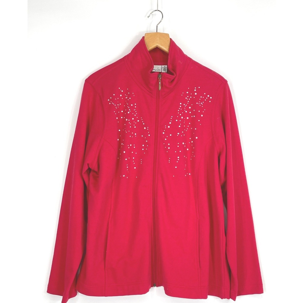 Kim Rogers Women Sweatshirt 1X Zip Up Red Rhinestone French Terry Mock